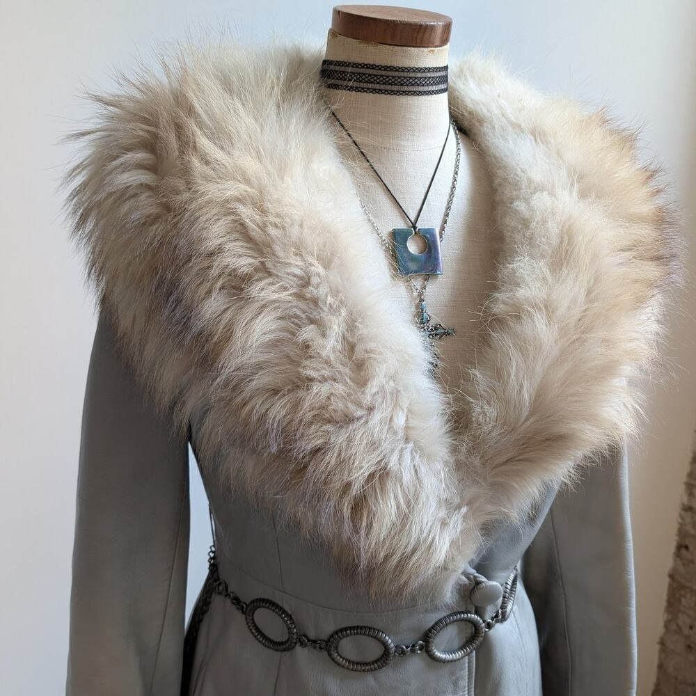 Vintage Leather Penny Lane Coat Grey Cream Fur Trim Trench Afghan Jacket Medium - Picture 6 of 12
